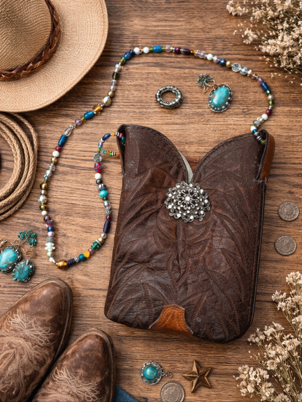 Upcycled Brown Western Cowboy Boot Mini Shoulder Bag Embossed Interior Branding